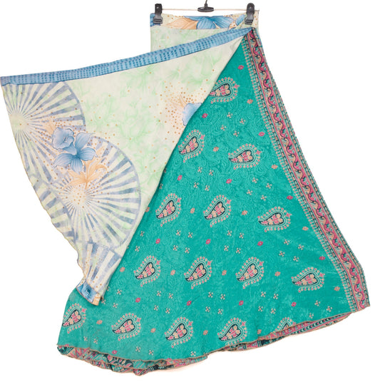 Sushila Vintage Art Silk Saree Magic Wrap Teal Green Reversible Skirt Beach Dress