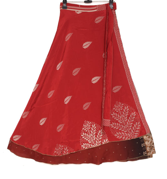 Sushila Vintage Red Art  Silk Saree Magic Wrap Reversible Skirt Beach Dress