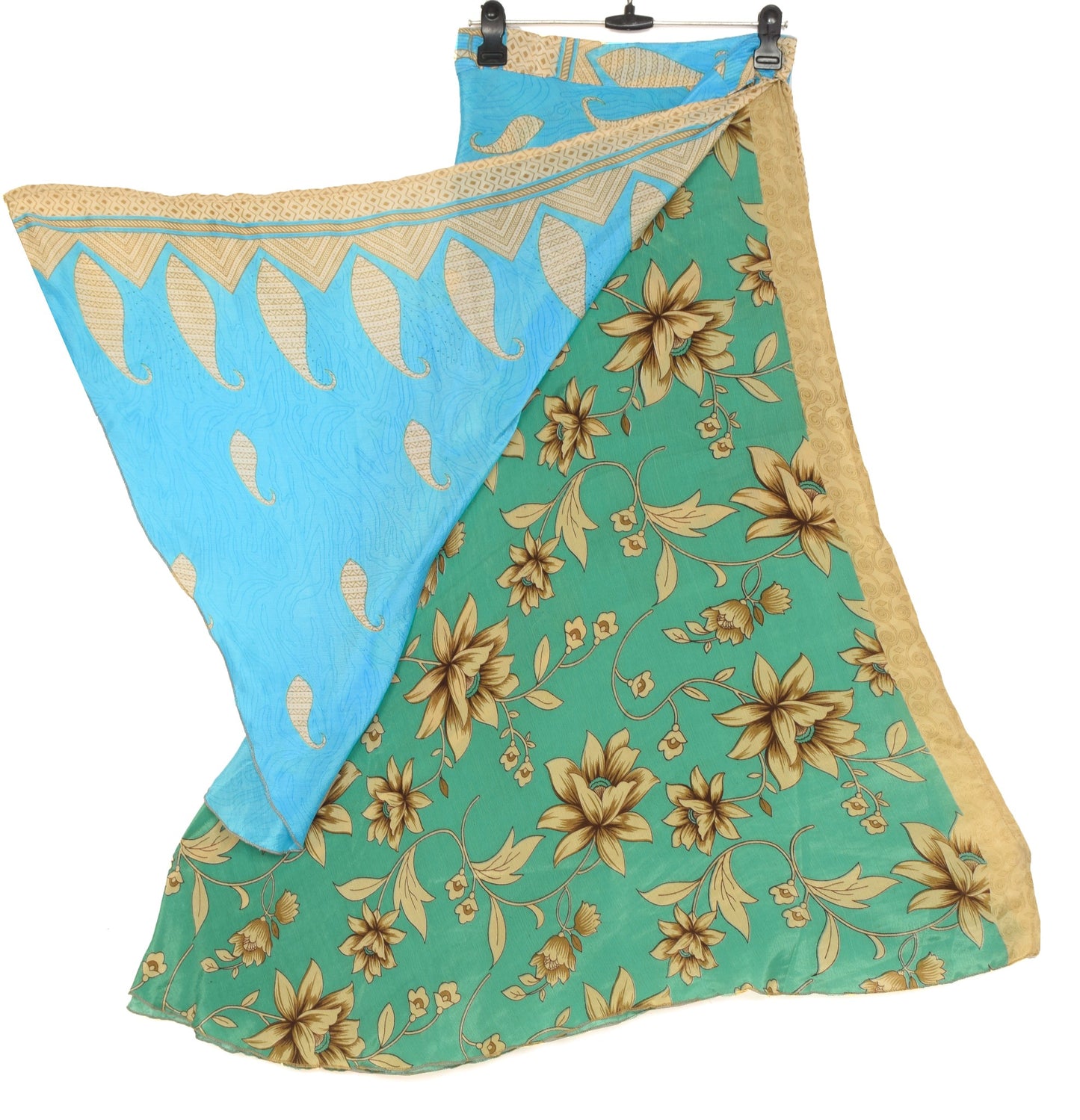 Sushila Vintage Sky Blue Art Silk Saree Magic Wrap Reversible Skirt Beach Dress