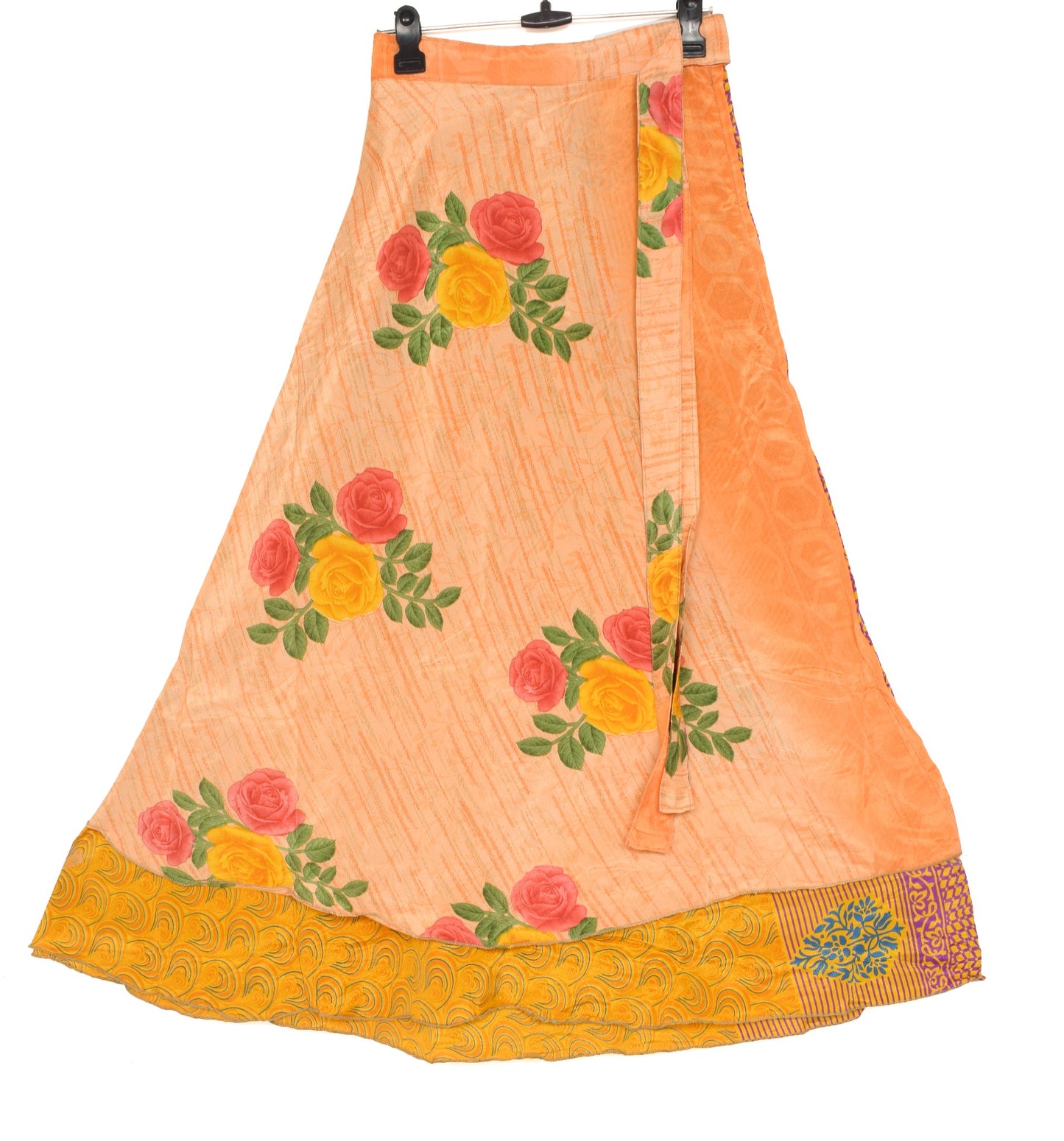 Sushila Vintage Floral Saree Magic Wrap Reversible Orange Art Silk Skirt Beach Dress