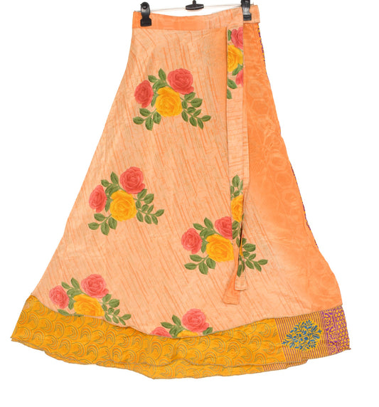 Sushila Vintage Floral Saree Magic Wrap Reversible Orange Art Silk Skirt Beach Dress