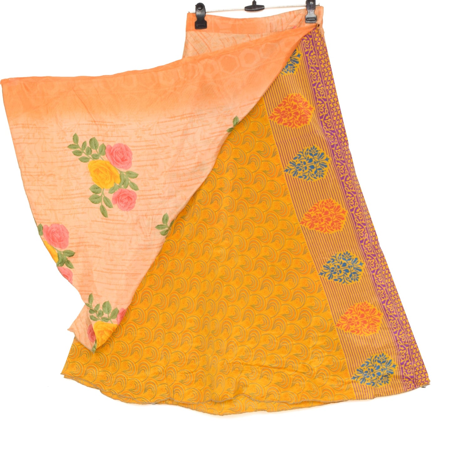 Sushila Vintage Floral Saree Magic Wrap Reversible Orange Art Silk Skirt Beach Dress