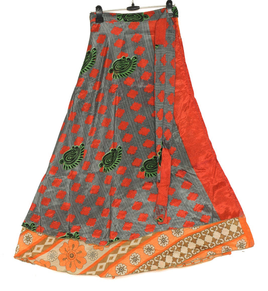 Sushila Vintage Gray Saree Magic Wrap Reversible Skirt Art Silk Beach Dress Hippie