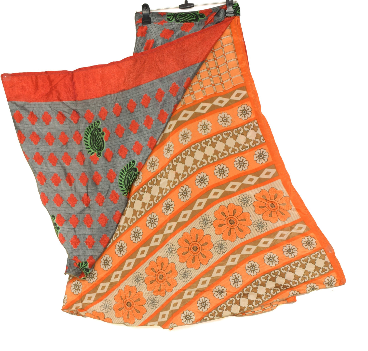 Sushila Vintage Gray Saree Magic Wrap Reversible Skirt Art Silk Beach Dress Hippie