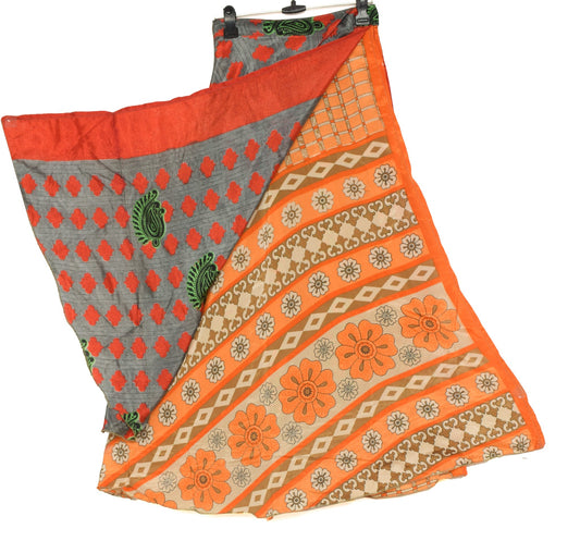 Sushila Vintage Gray Saree Magic Wrap Reversible Skirt Art Silk Beach Dress Hippie