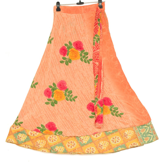 Sushila Vintage Orange Floral Saree Magic Wrap Reversible Skirt Art Silk Beach Dress