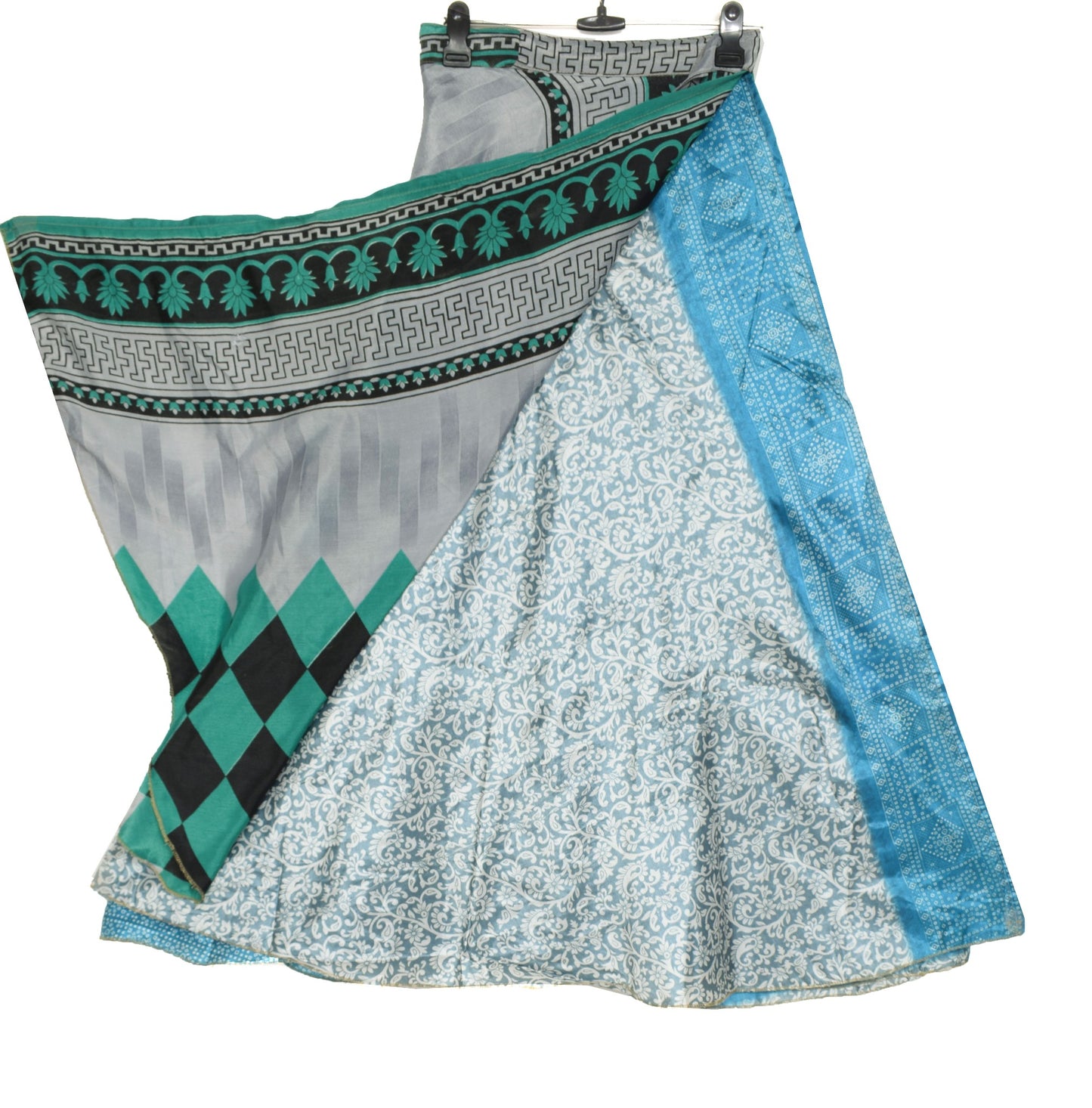 Sushila Vintage Floral Gray Saree Magic Wrap Reversible Skirt Art Silk Beach Dress