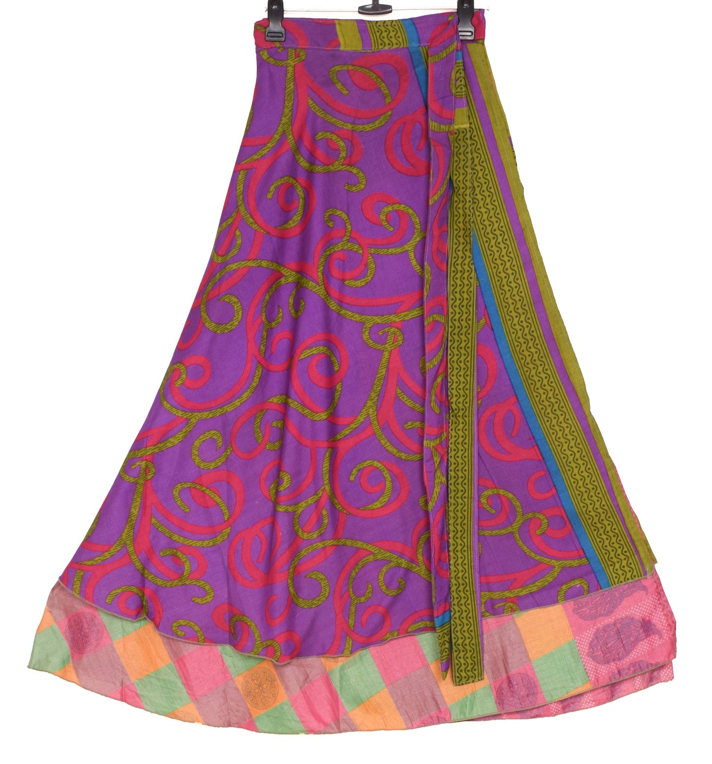Sushila Vintage Checks Print Saree Magic Wrap Reversible Skirt Art Silk Beach Dress