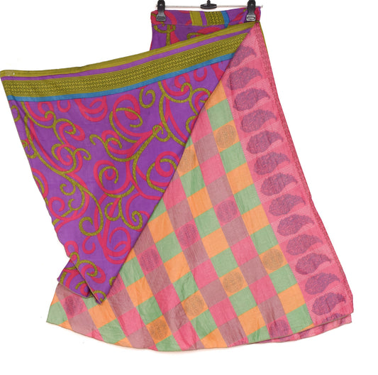 Sushila Vintage Checks Print Saree Magic Wrap Reversible Skirt Art Silk Beach Dress