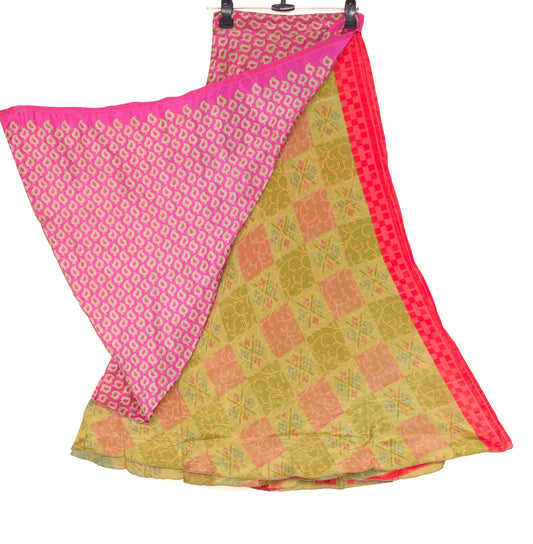 Sushila Vintage Magenta Saree Magic Wrap Reversible Skirt Art Silk Beach Dress Boho