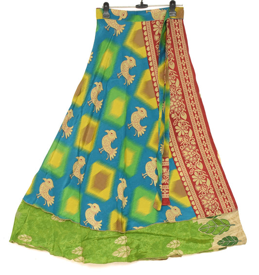 Sushila Vintage Blue Saree Magic Wrap Reversible Skirt Birds Art Silk Beach Dress