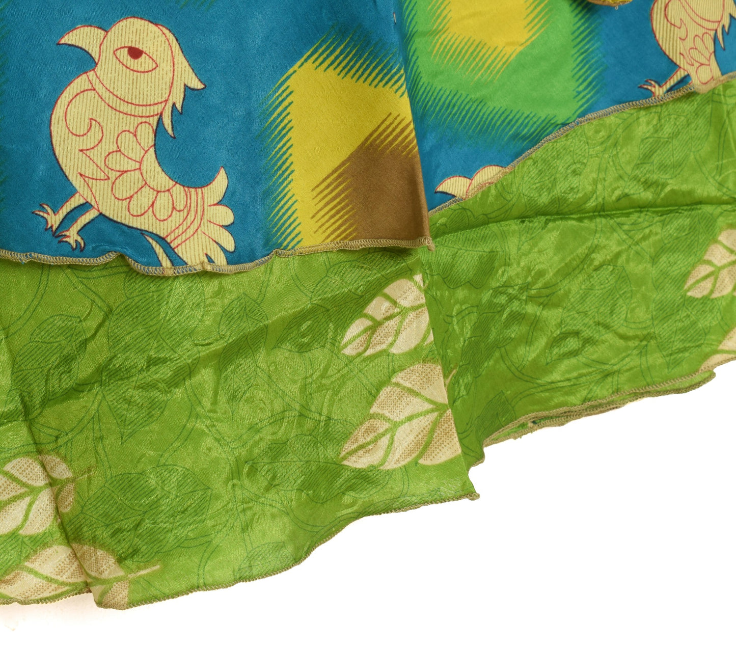Sushila Vintage Blue Saree Magic Wrap Reversible Skirt Birds Art Silk Beach Dress