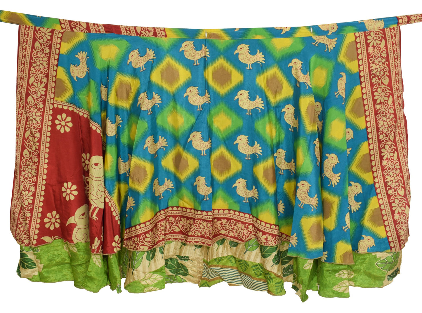 Sushila Vintage Blue Saree Magic Wrap Reversible Skirt Birds Art Silk Beach Dress