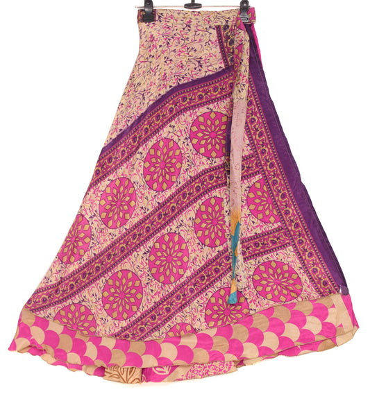 Sushila Vintage Cream Pink Saree Magic Wrap Reversible Art Silk Skirt Beach Dress