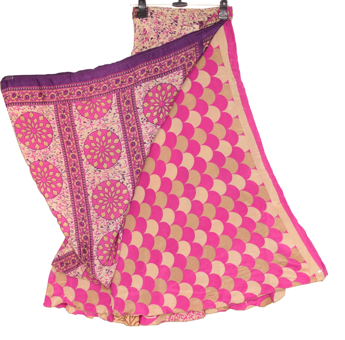 Sushila Vintage Cream Pink Saree Magic Wrap Reversible Art Silk Skirt Beach Dress