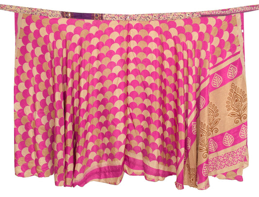 Sushila Vintage Cream Pink Saree Magic Wrap Reversible Art Silk Skirt Beach Dress