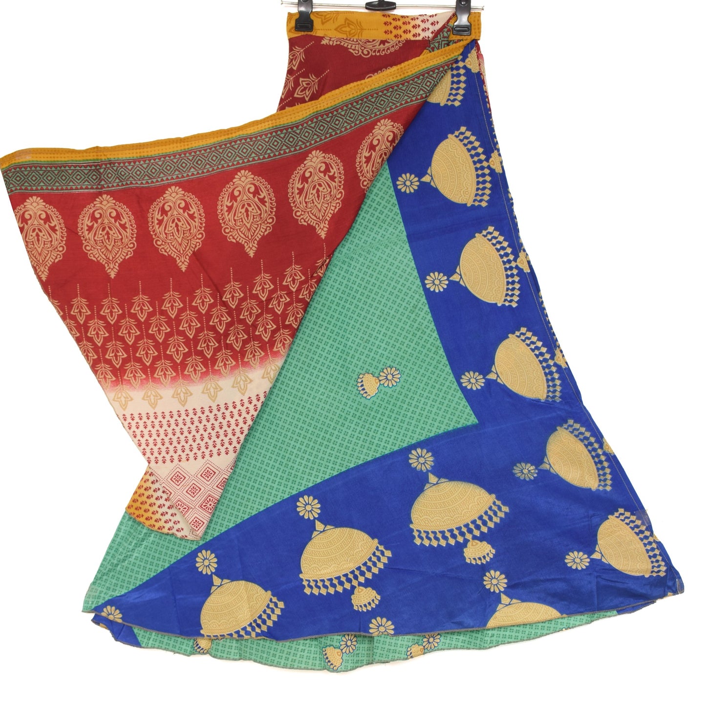 Sushila Vintage Art Silk Saree Magic Wrap Reversible Skirt Green Blue Beach Dress