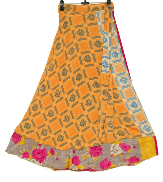 Sushila Vintage Art Silk Saree Magic Wrap Reversible Skirt Beach Dress Yellow