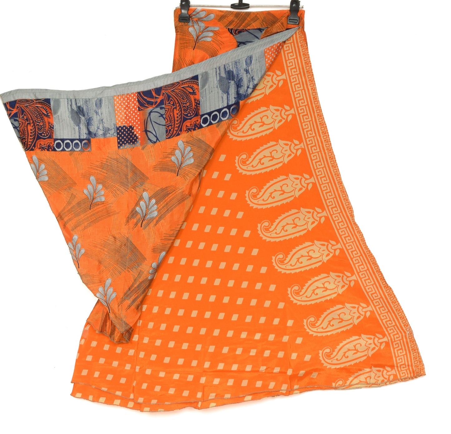 Sushila Vintage Orange Saree Magic Wrap Reversible Skirt Art Silk Beach Dress Hippie