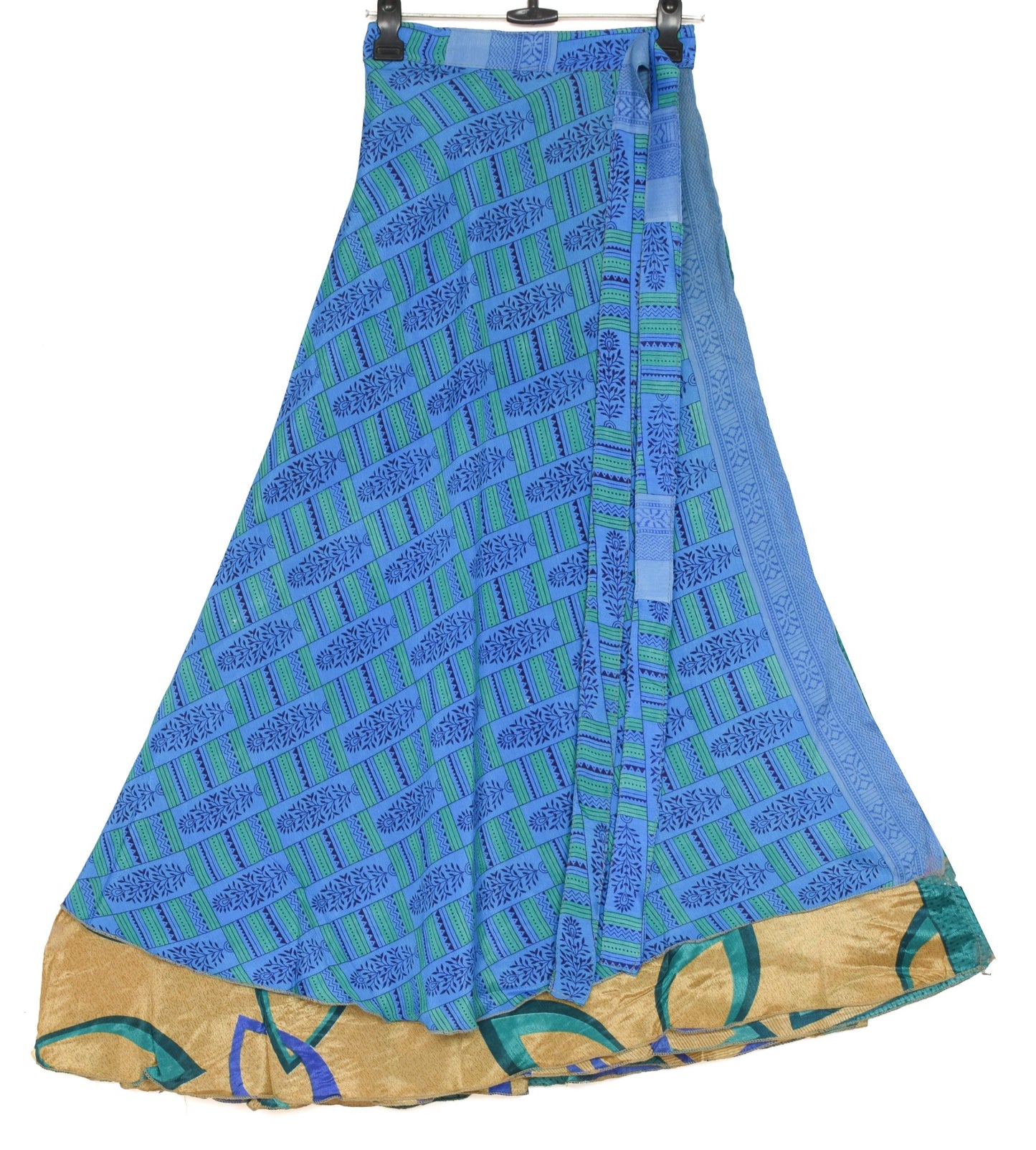 Sushila Vintage Blue Saree Magic Wrap Floral Reversible Skirt Art Silk Beach Dress