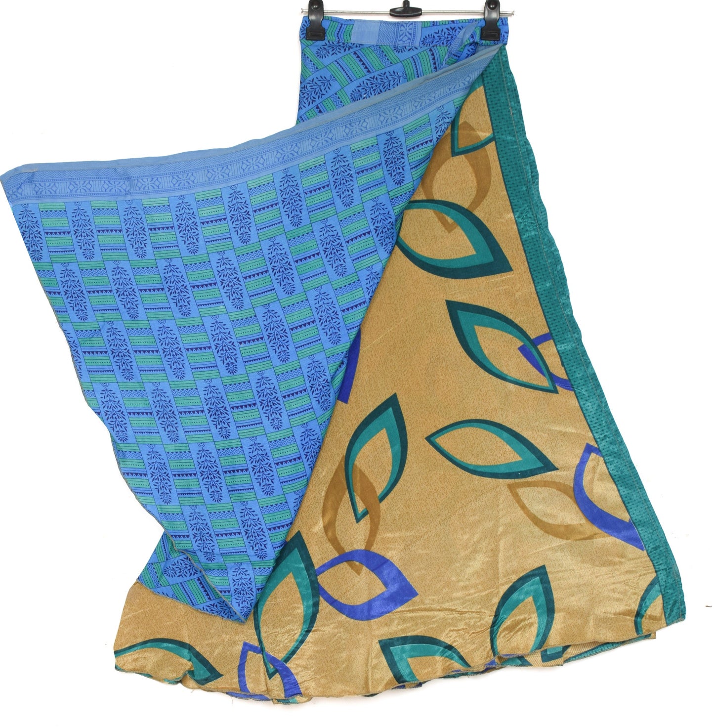 Sushila Vintage Blue Saree Magic Wrap Floral Reversible Skirt Art Silk Beach Dress