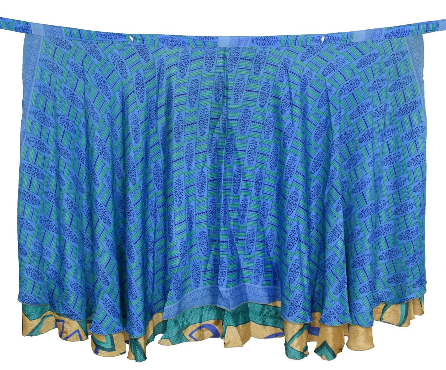 Sushila Vintage Blue Saree Magic Wrap Floral Reversible Skirt Art Silk Beach Dress