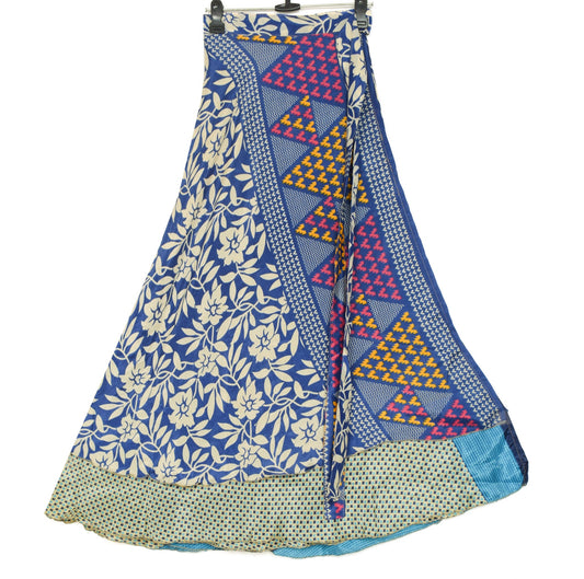 Sushila Vintage Blue Art Silk Saree Magic Wrap Reversible Skirt Dot Beach Dress