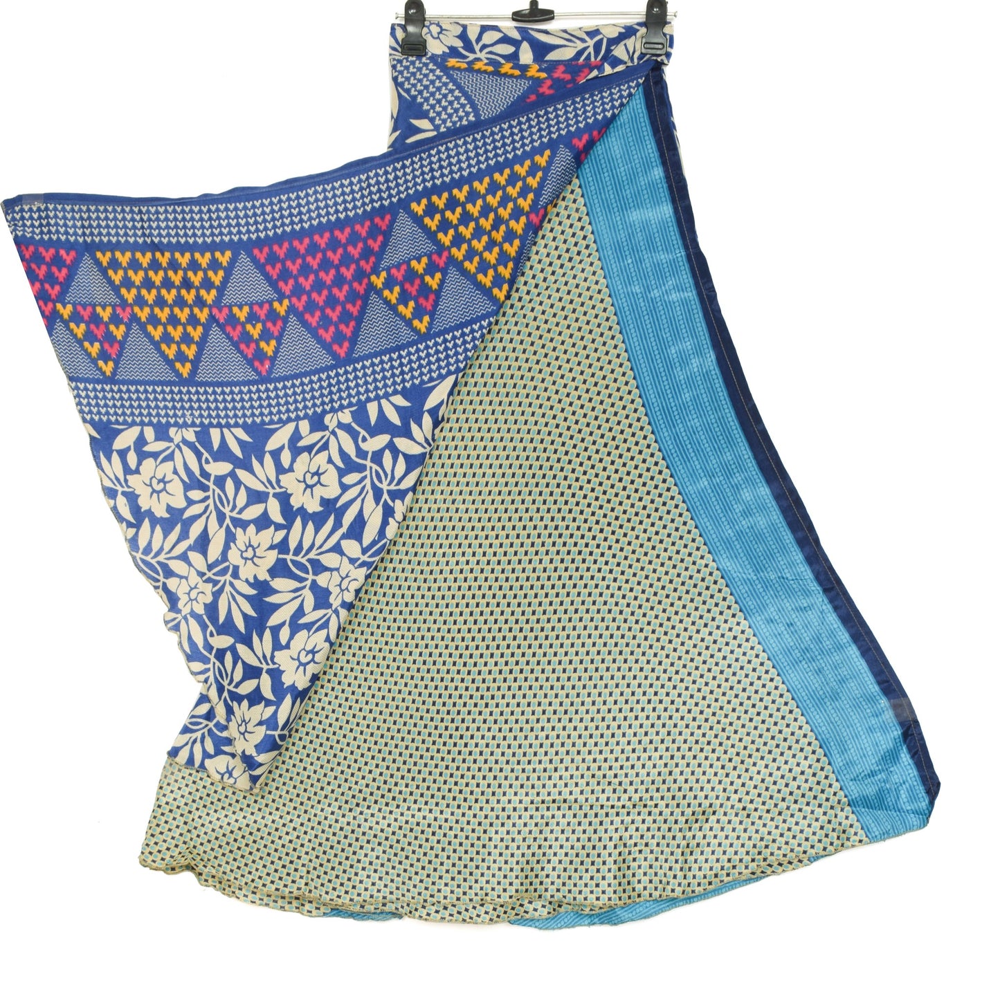 Sushila Vintage Blue Art Silk Saree Magic Wrap Reversible Skirt Dot Beach Dress