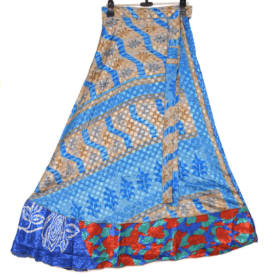Sushila Vintage Art Silk Saree Magic Wrap Reversible Skirt Multi-Color Beach Dress