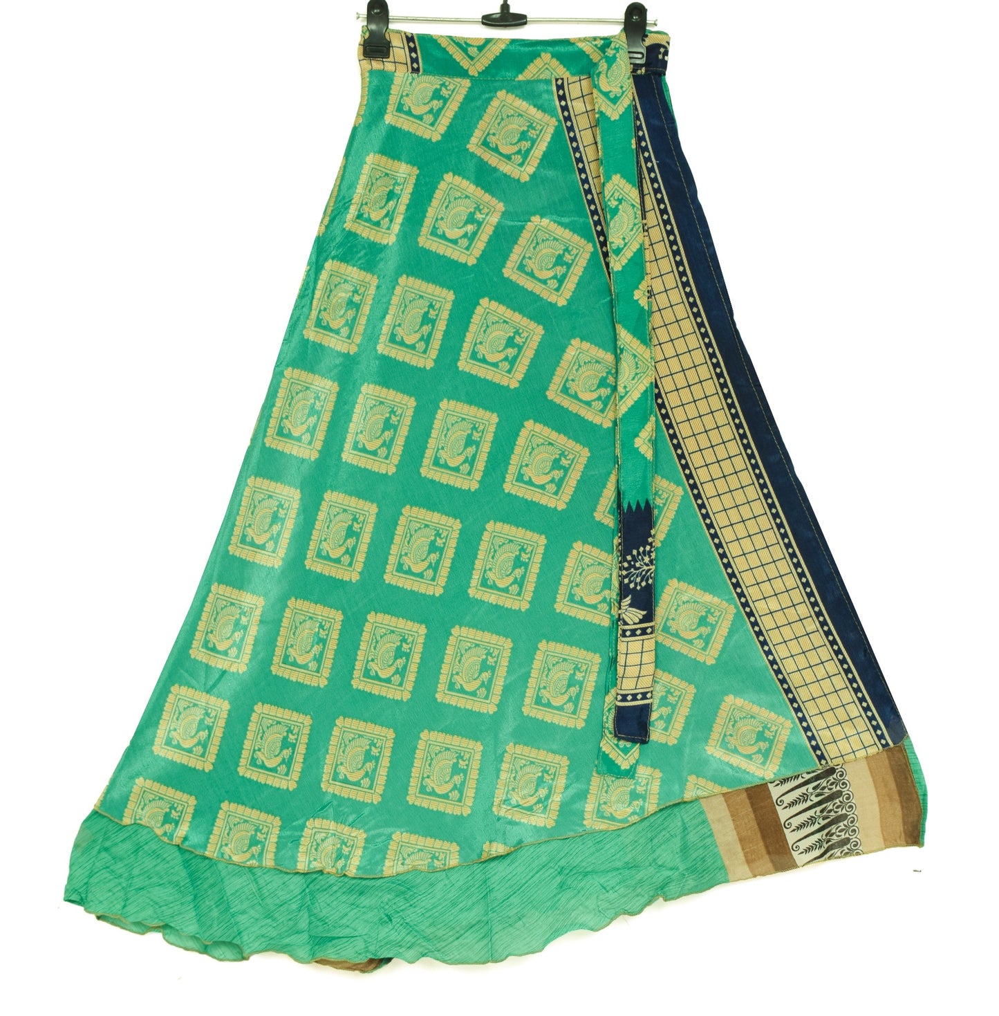 Sushila Vintage Aqua Green Saree Magic Wrap Reversible Art Silk Skirt Beach Dress