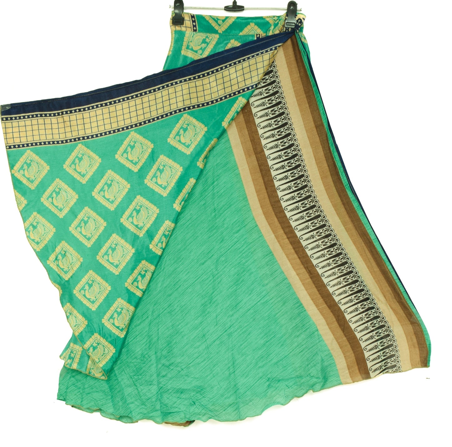 Sushila Vintage Aqua Green Saree Magic Wrap Reversible Art Silk Skirt Beach Dress