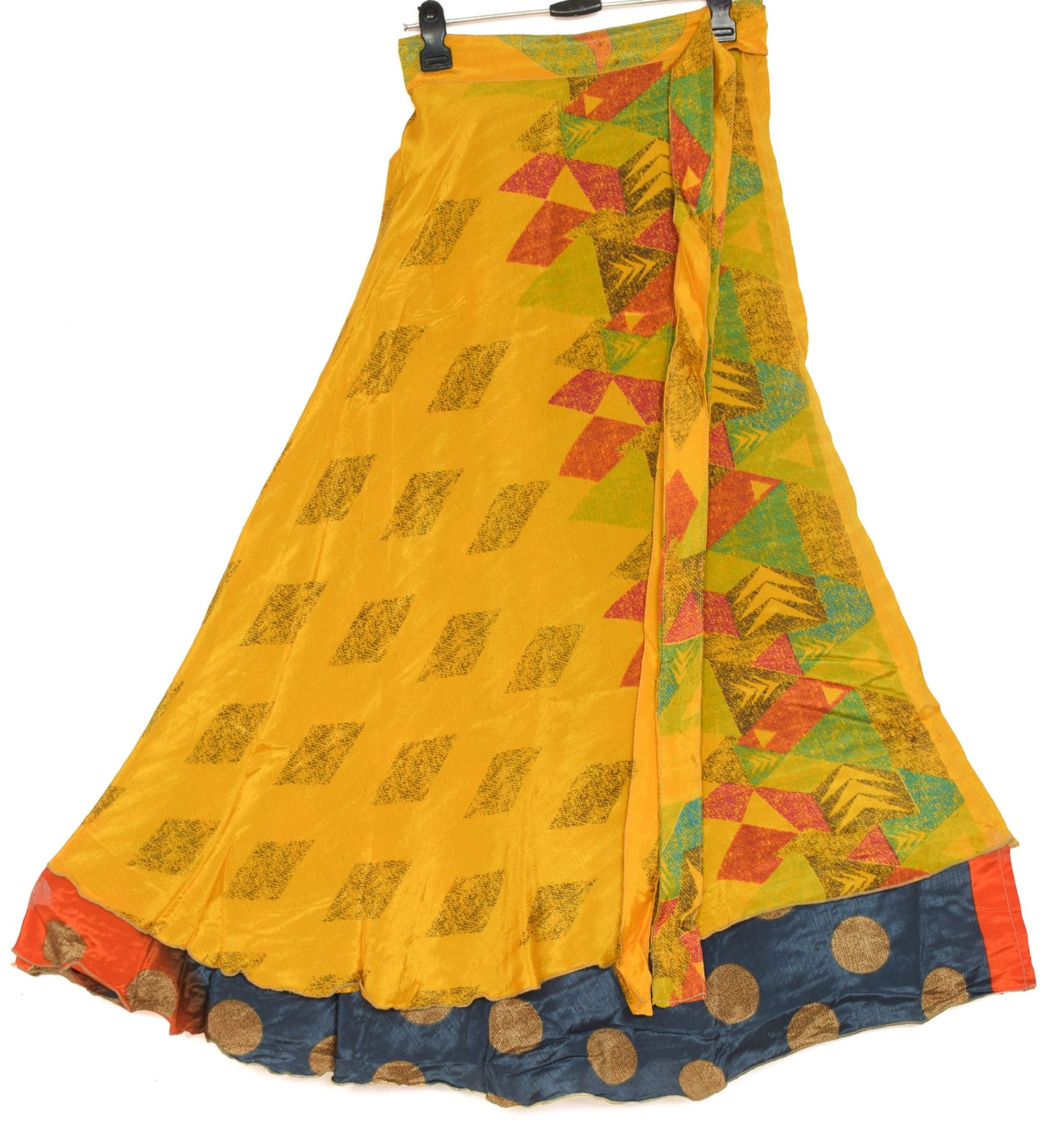 Sushila Vintage Gray Yellow Saree Magic Wrap Reversible Art Silk Skirt Beach Dress