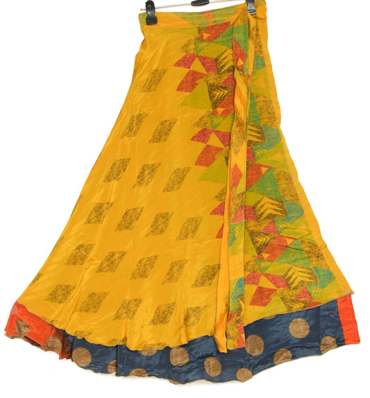Sushila Vintage Gray Yellow Saree Magic Wrap Reversible Art Silk Skirt Beach Dress