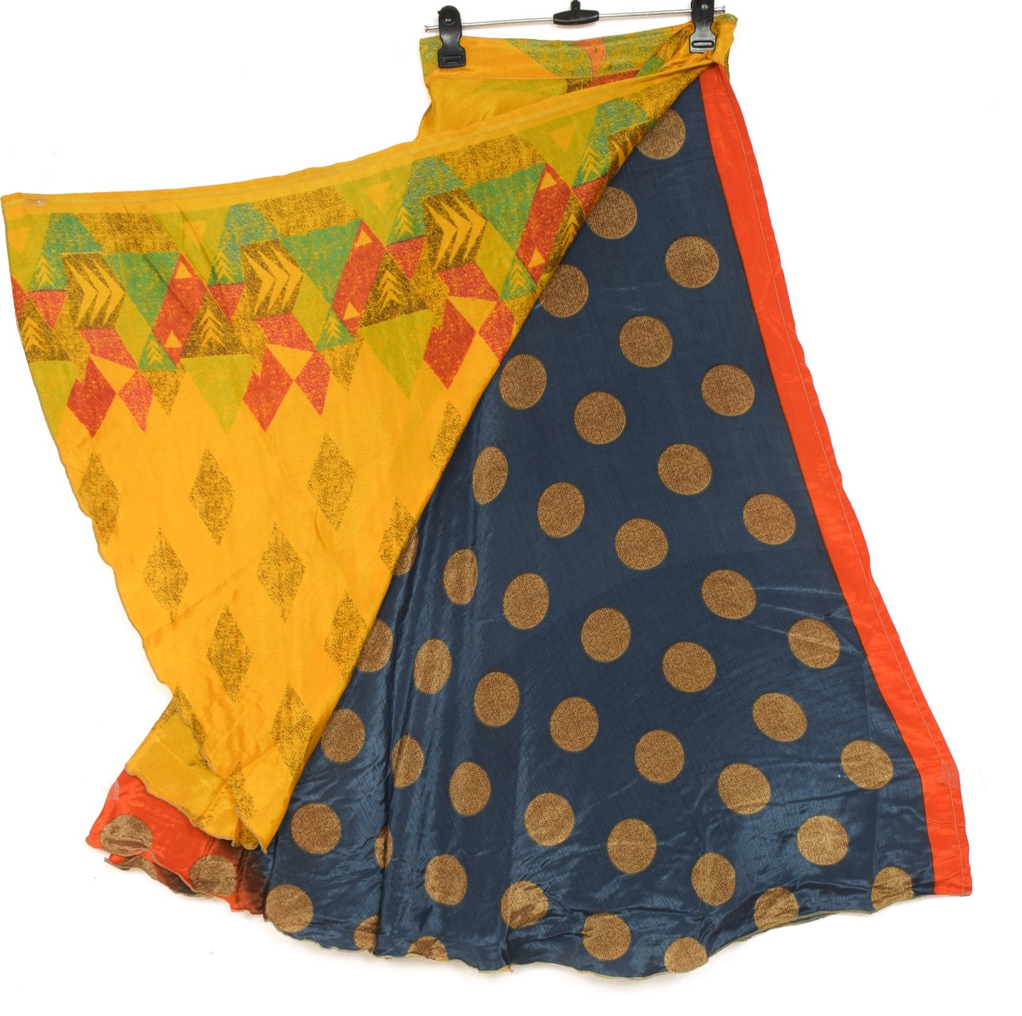 Sushila Vintage Gray Yellow Saree Magic Wrap Reversible Art Silk Skirt Beach Dress