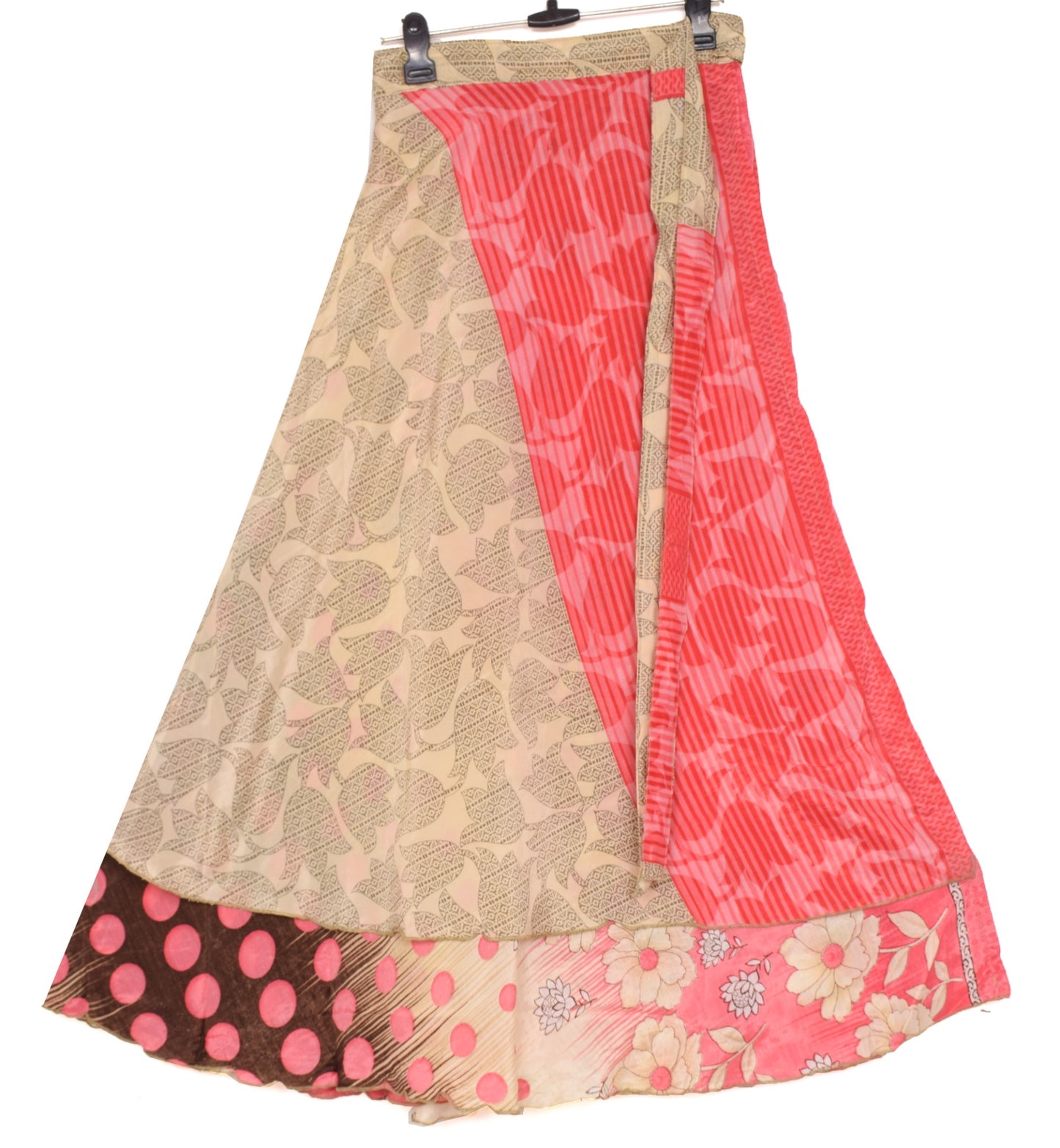 Sushila Vintage Pink Cream Saree Magic Wrap Reversible Skirt Art Silk Beach Dress