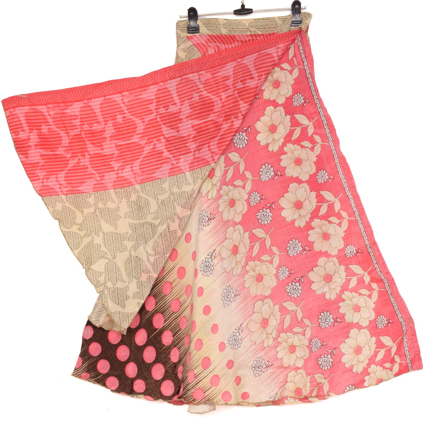 Sushila Vintage Pink Cream Saree Magic Wrap Reversible Skirt Art Silk Beach Dress