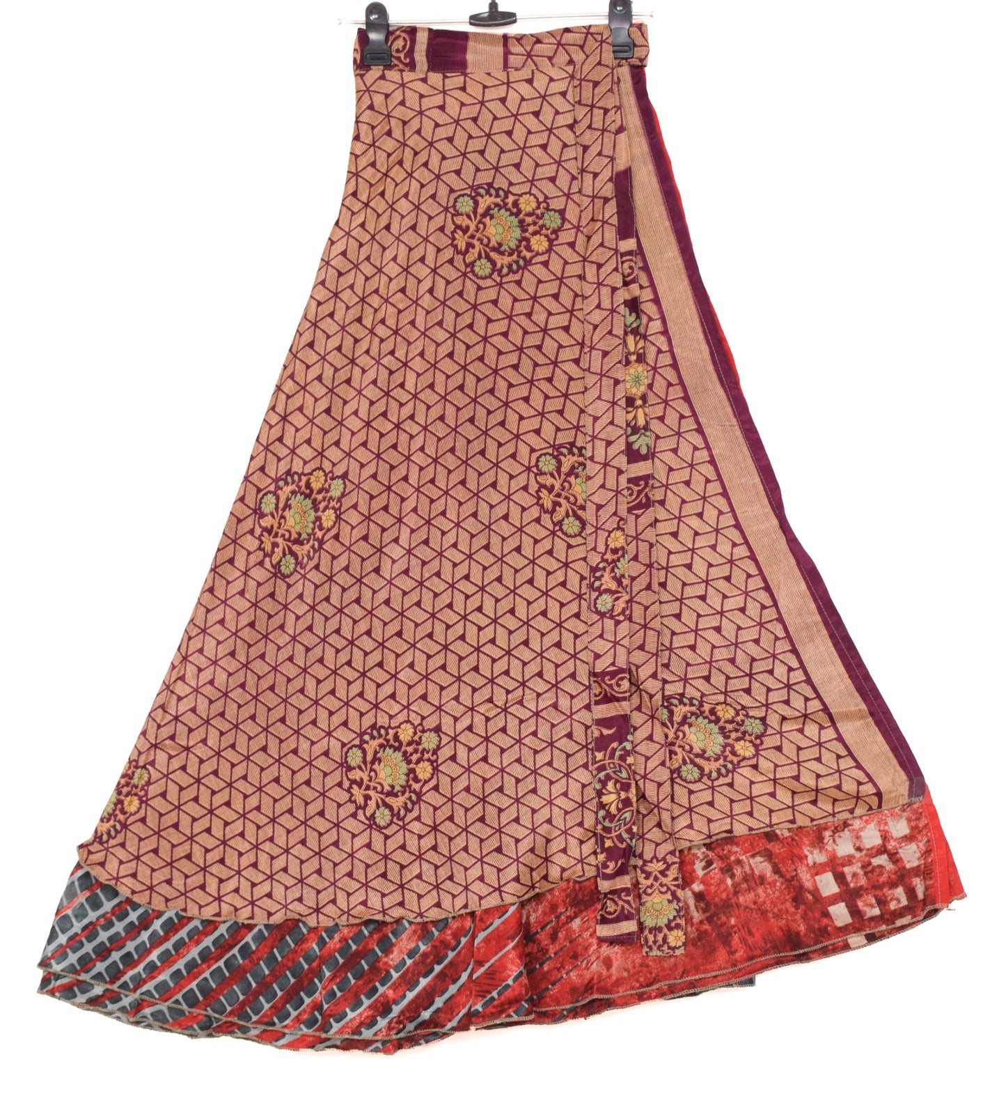 Sushila Vintage Red Saree Magic Wrap Reversible Skirt Beach Art Silk Dress Hippie