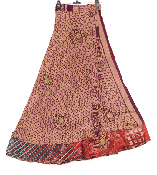 Sushila Vintage Red Saree Magic Wrap Reversible Skirt Beach Art Silk Dress Hippie