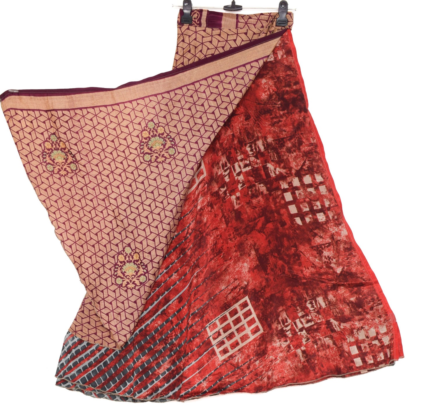 Sushila Vintage Red Saree Magic Wrap Reversible Skirt Beach Art Silk Dress Hippie