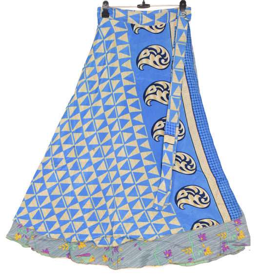 Sushila Vintage Art Silk Saree Magic Wrap Reversible Skirt Blue Green Beach Dress