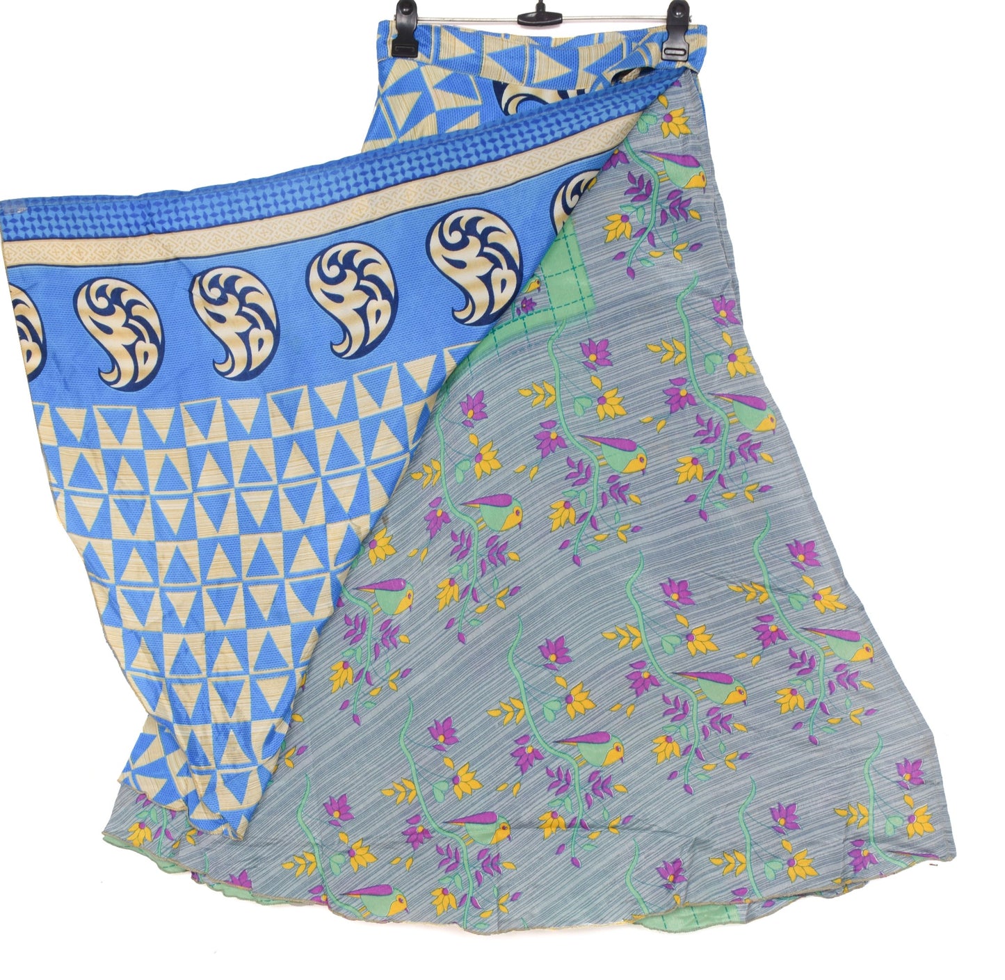Sushila Vintage Art Silk Saree Magic Wrap Reversible Skirt Blue Green Beach Dress