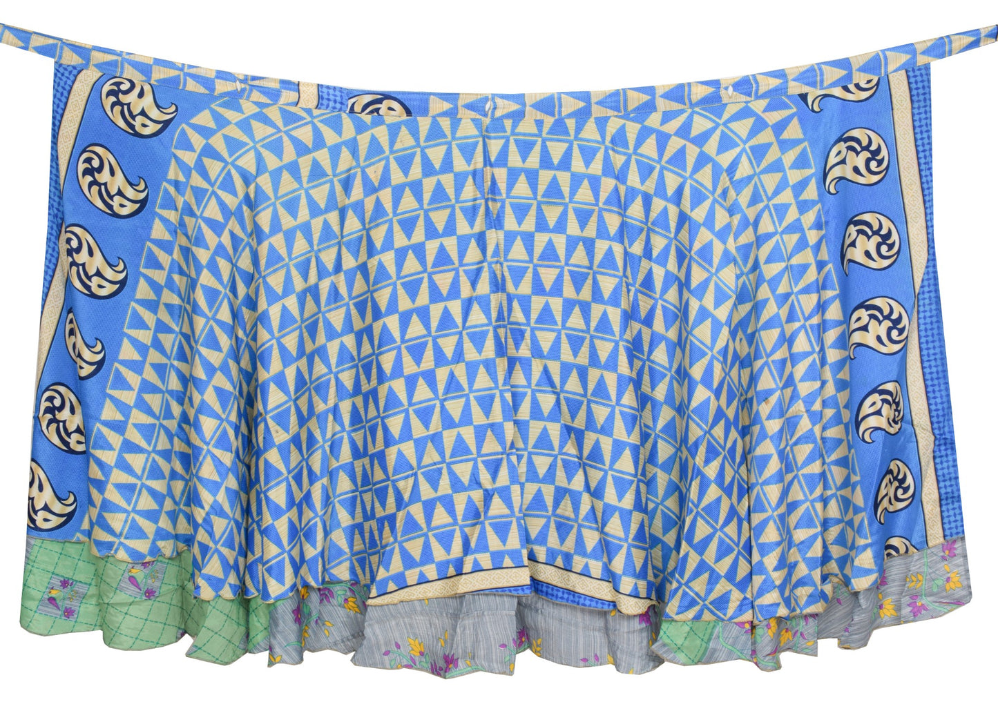 Sushila Vintage Art Silk Saree Magic Wrap Reversible Skirt Blue Green Beach Dress