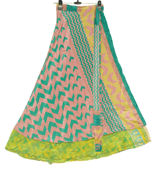 Sushila Vintage Art Silk Saree Magic Wrap Pink Green Reversible Skirt Beach Dress