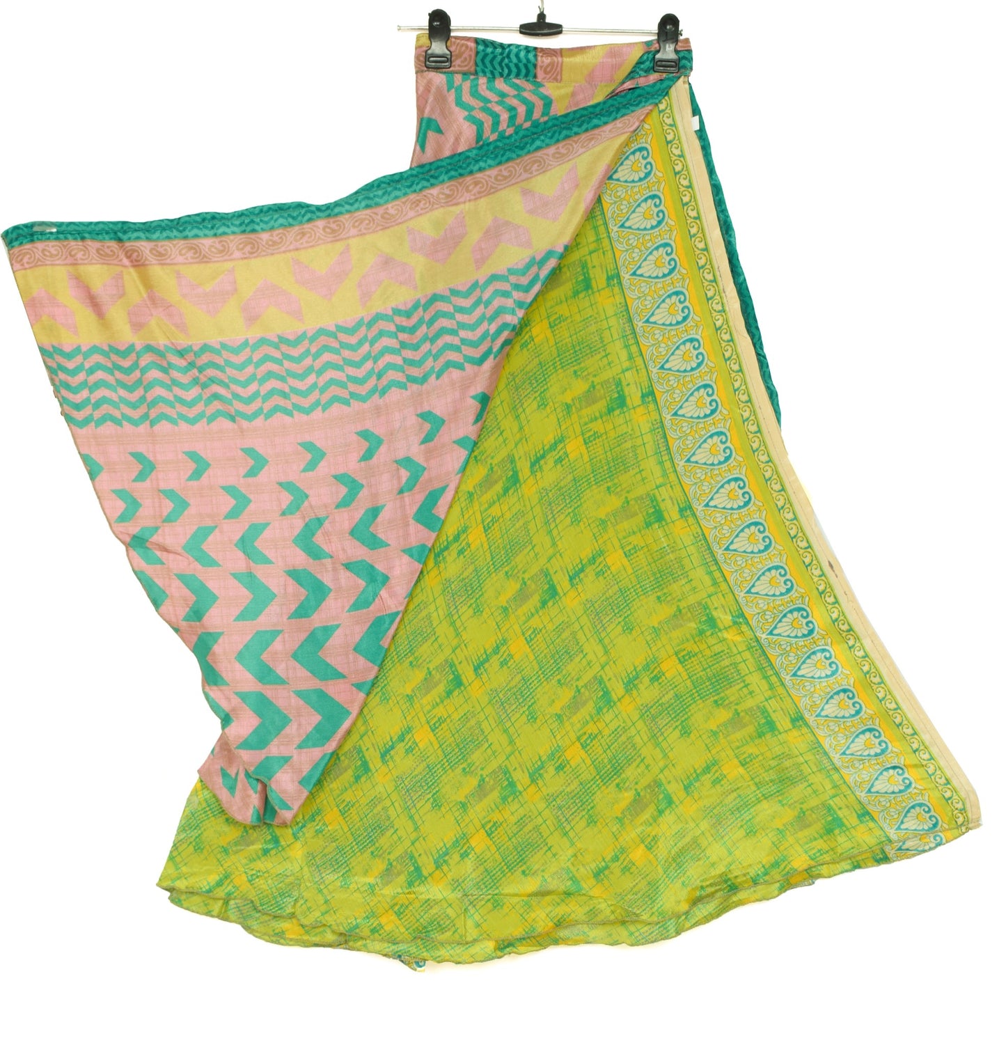 Sushila Vintage Art Silk Saree Magic Wrap Pink Green Reversible Skirt Beach Dress