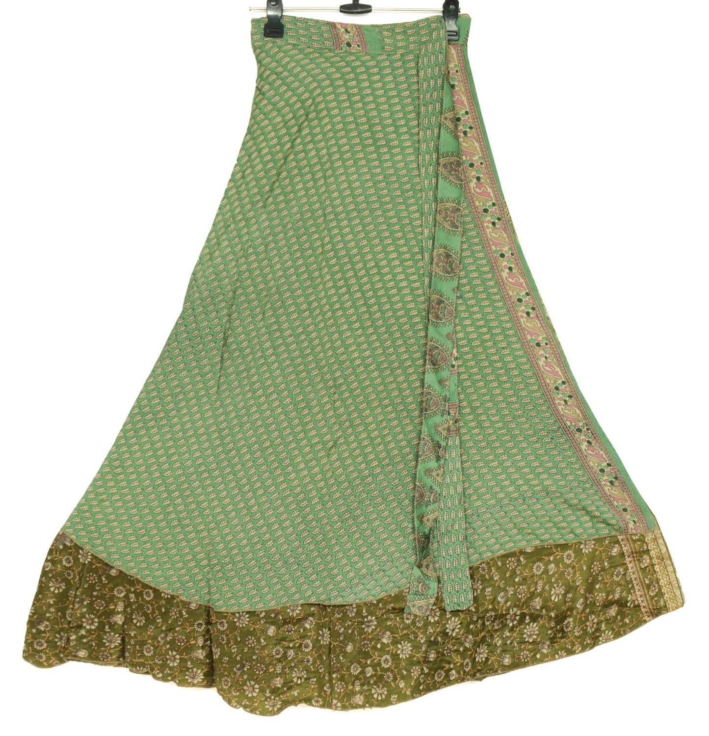 Sushila Vintage Henna Green Saree Magic Wrap Reversible Art Silk Skirt Beach Dress