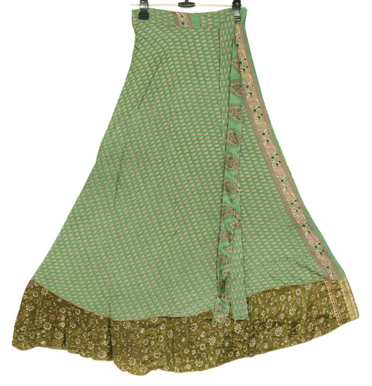 Sushila Vintage Henna Green Saree Magic Wrap Reversible Art Silk Skirt Beach Dress
