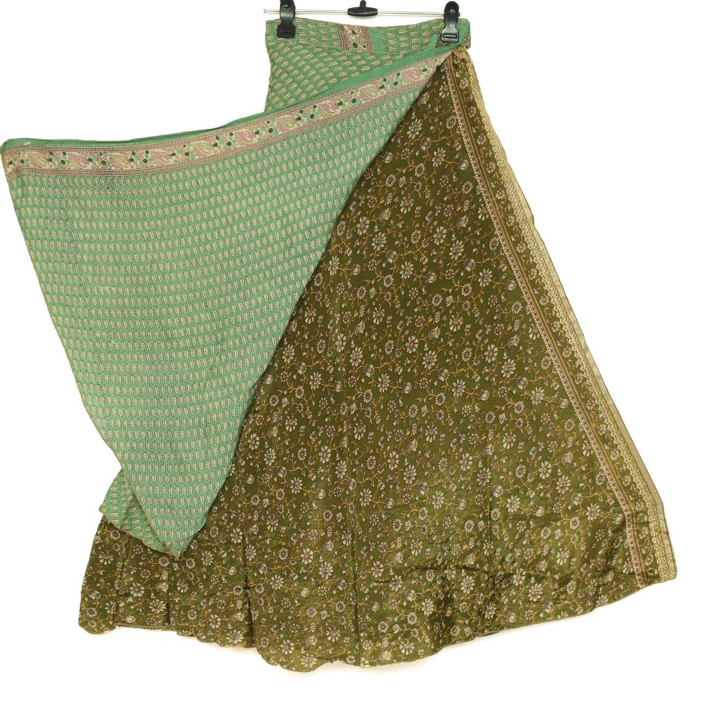 Sushila Vintage Henna Green Saree Magic Wrap Reversible Art Silk Skirt Beach Dress