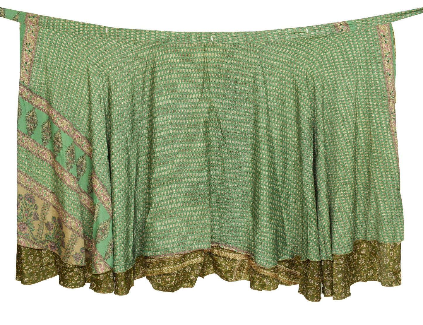 Sushila Vintage Henna Green Saree Magic Wrap Reversible Art Silk Skirt Beach Dress