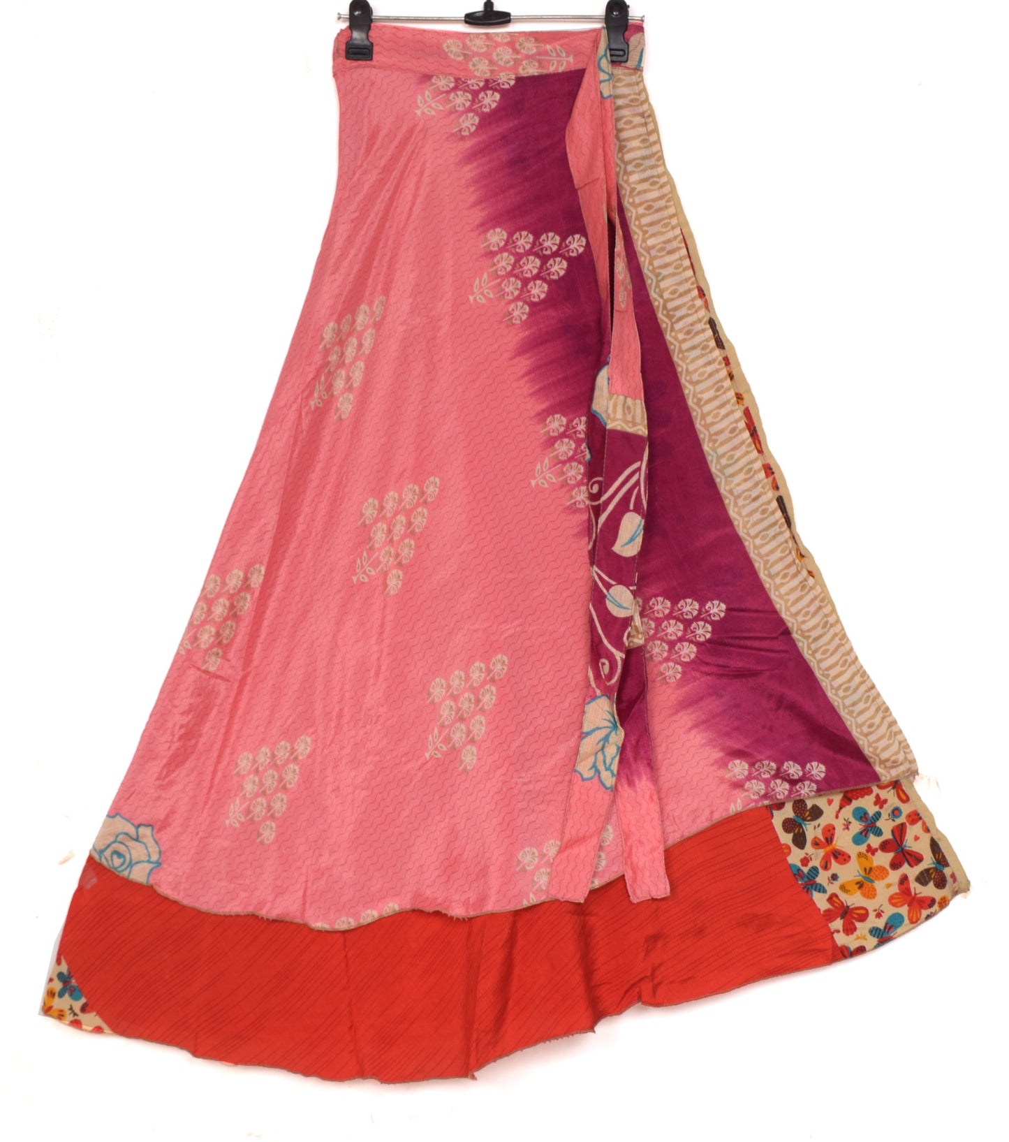 Sushila Vintage Handmade Red Saree Magic Wrap Reversible Skirt Art Silk Beach Dress