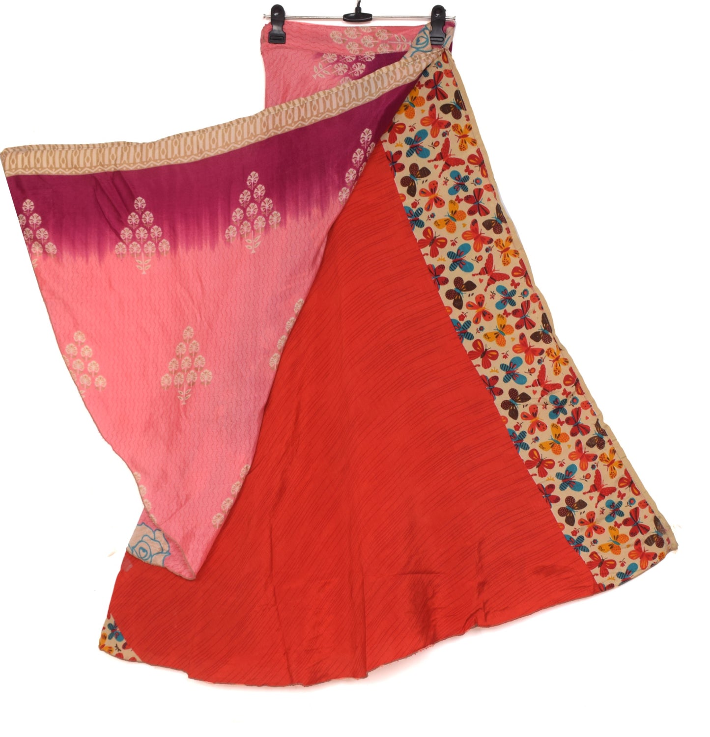 Sushila Vintage Handmade Red Saree Magic Wrap Reversible Skirt Art Silk Beach Dress